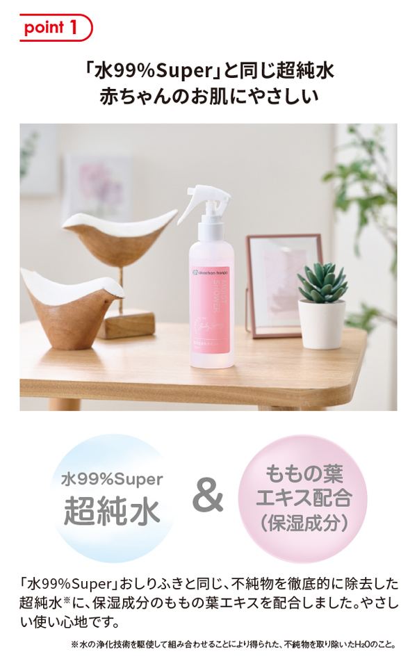 水99％Superと同じ超純水とももの葉エキスを配当しました。