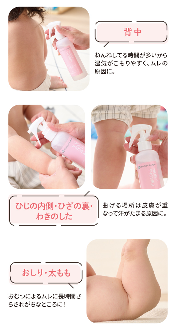 首まわり、背中、ひじの内側、ひざの裏、わきの下、おしり、太ももなどに
