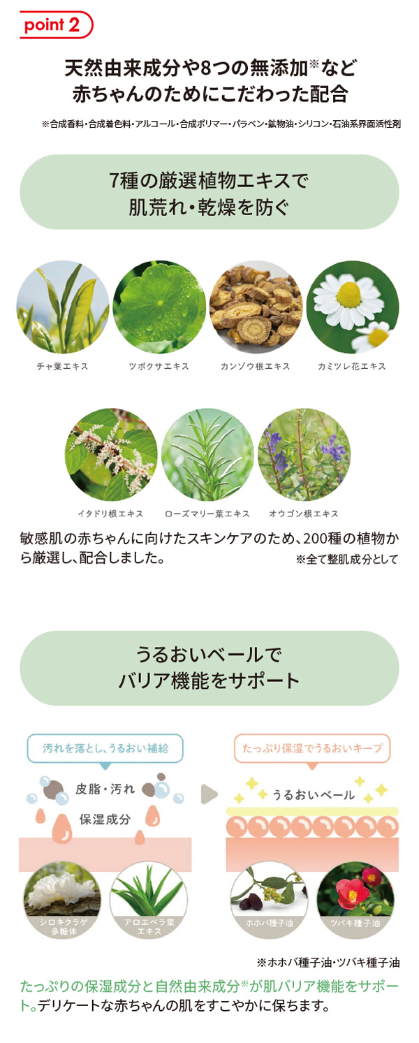 天然由来成分や8つの無添加など赤ちゃんのためにこだわった配合