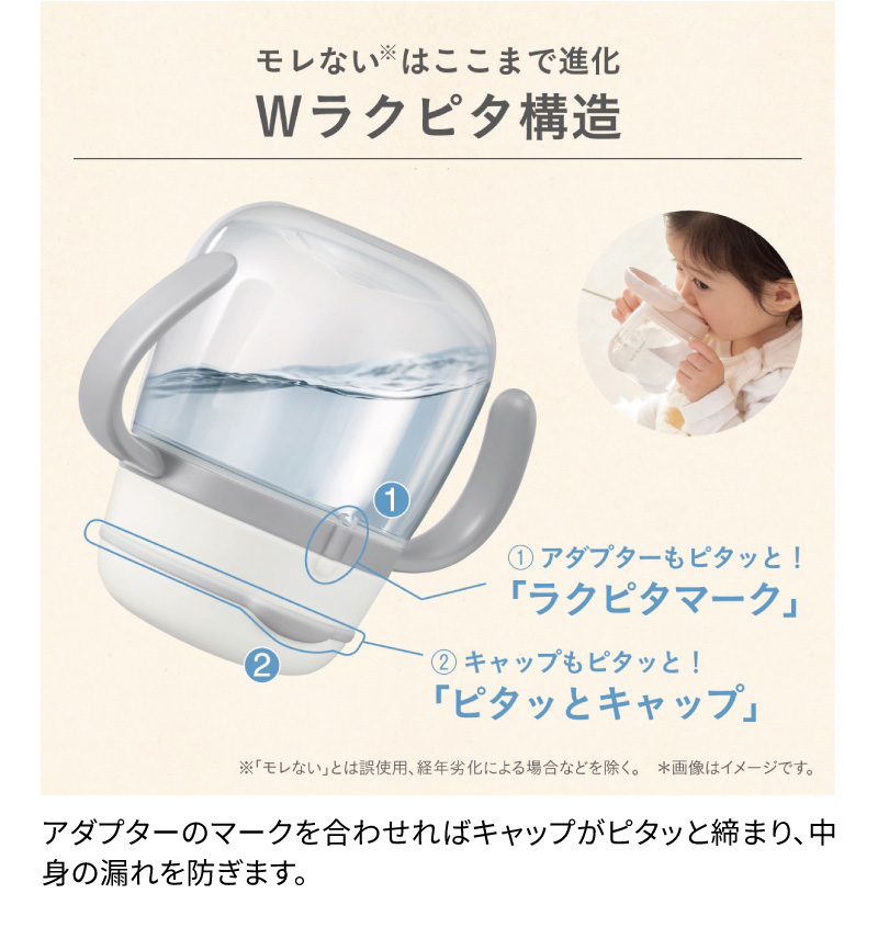 モレない※ はここまで進化 「Ｗラクピタ構造」アダプターのマークを合わせればキャップがピタッと締まり、中身の漏れを防ぎます。※「モレない」とは、誤使用、経年劣化による場合などを除く。