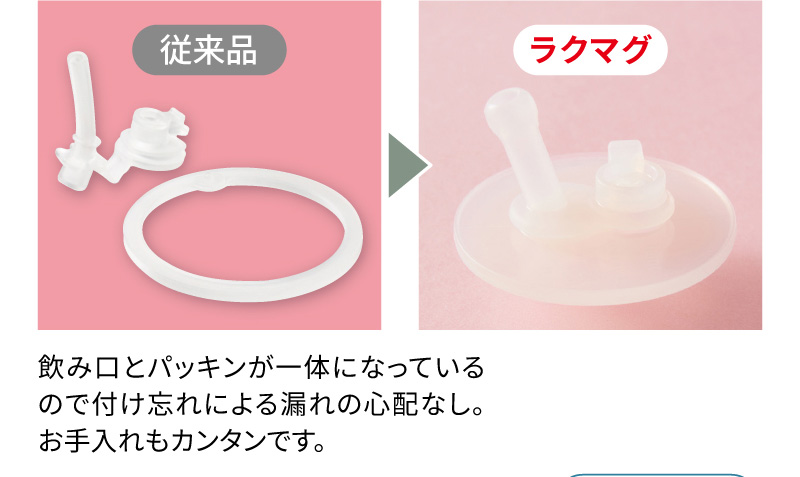 飲み口とパッキンが一体になっているので付け忘れによる漏れの心配なし。お手入れもカンタンです。