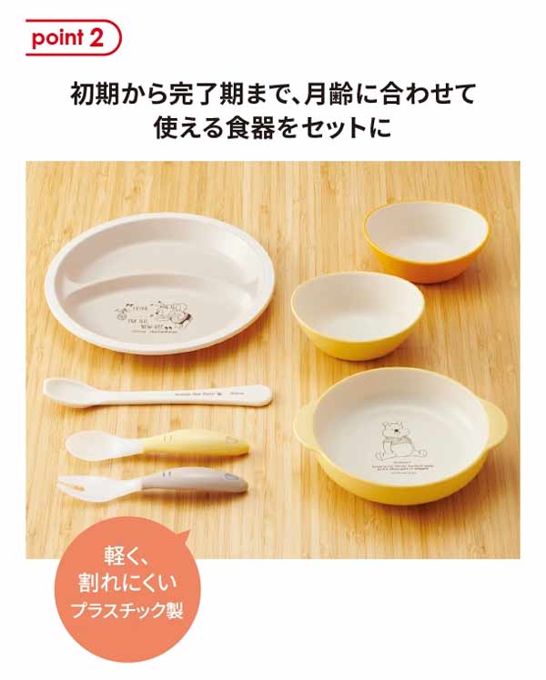 初期から完了黄まで、月齢に合わせて使える食器をセット