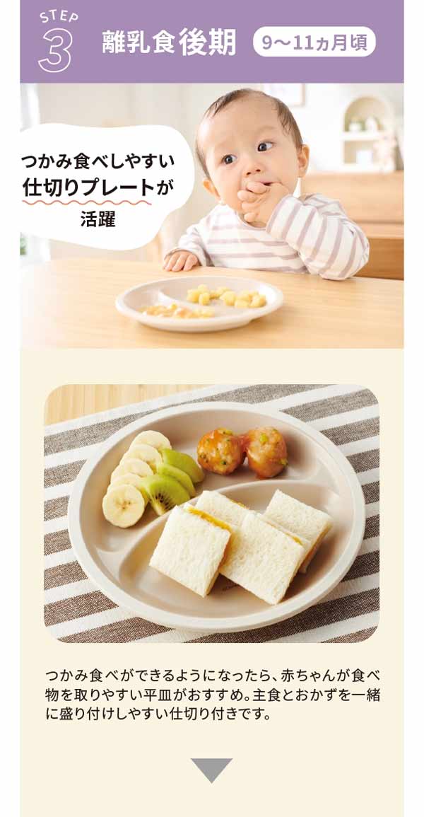 離乳食後期は、掴み食べしやすい仕切りプレートが活躍