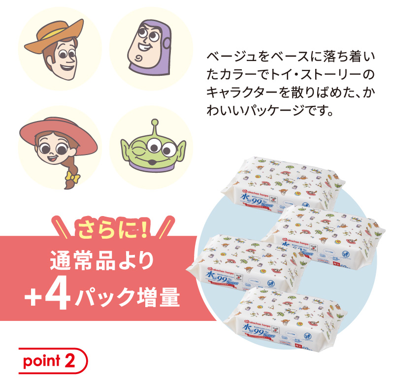 ベージュをベースに落ち着いたカラーでトイ・ストーリーのキャラクターを散りばめた、かわいいパッケージです。 さらに！店舗で販売している通常品より4パック増量