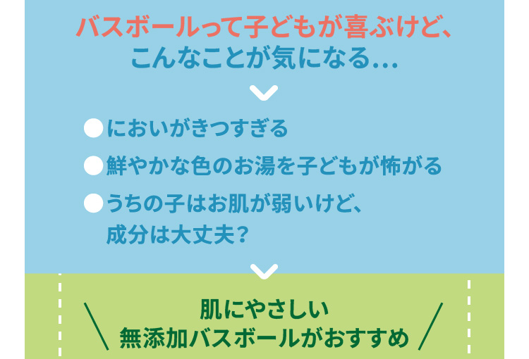 スボールって子どもが喜ぶけど、こんなことが気になる・・・　●においがきつすぎる　●鮮やかな色のお湯を子どもが怖がる　●うちの子はお肌が弱いけど成分は大丈夫？　そんな方には肌にやさしい無添加バスボールがおすすめ！