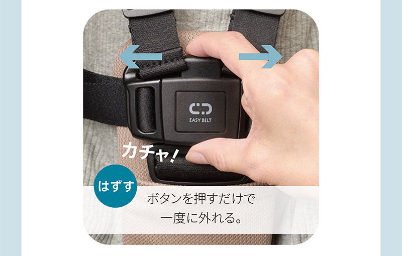 左右のベルトを 中央のバックルにそろえるだけ。