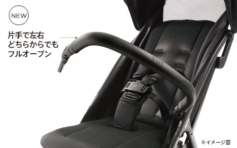 ベビーカーのハンドル周りとシート部分のアップ。片手で左右どちらからでもフルオープンできるガード付きベビーカー。『NEW』の表記あり