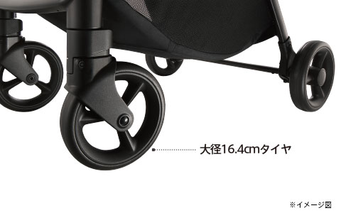 ベビーカー前輪のアップ。大径16.4cmタイヤを示す説明付き画像
