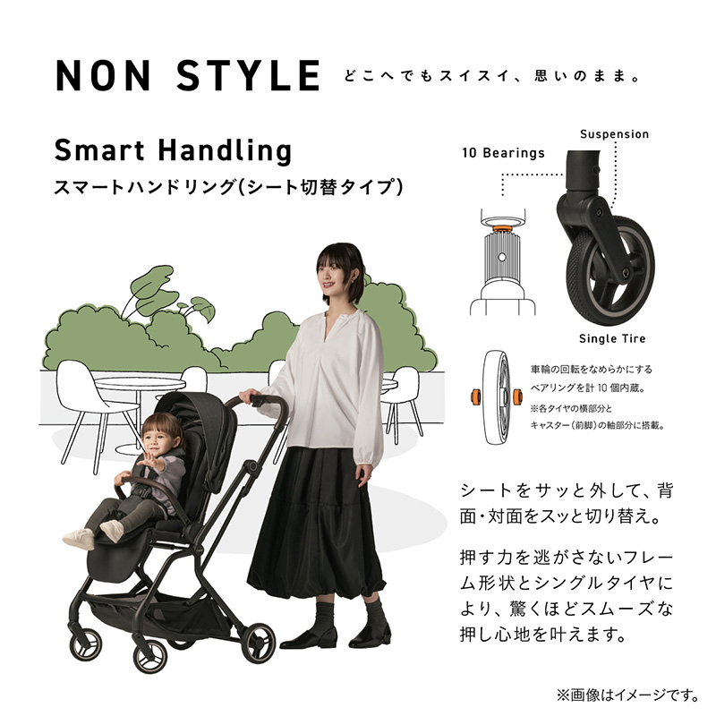 auto N firstは、シートの前後切り替えに対応したスマートハンドリング構造。10個のベアリングとサスペンション付きタイヤで、押し心地もスムーズな走行性を実現。