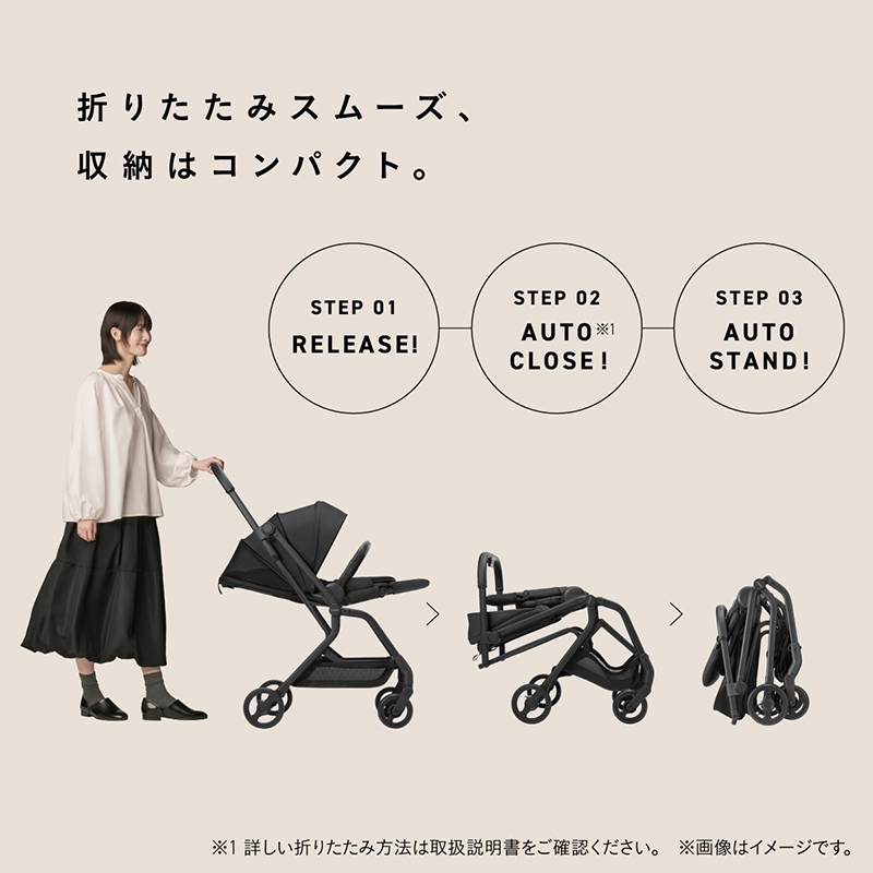 折りたたみスムーズ、収納はコンパクト。STEP01 RELEASE!  STEP02 AUTO CLOSE!  STEP03 AUTO STAND!  ※1 詳しい折りたたみ方法は取扱説明書をご確認ください。