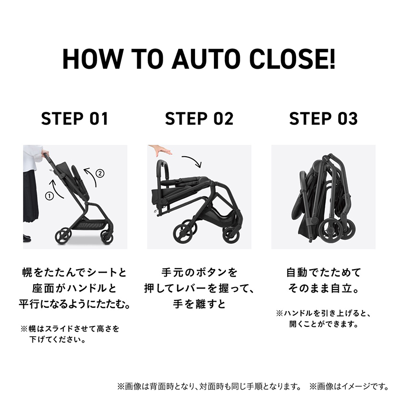 HOW TO AUTO CLOSE! STEP01 幌をたたんでシートと座面がハンドルと平行になるようにたたむ。※幌はスライドさせて高さを下げてください。 STEP02 手元のボタンを押してレバーを握って、手を離すと STEP03 自動でたたんで そのまま自立。※ハンドルを引き上げると、開くことができます。 ※背面時・対面時ともに同じ手順となります。