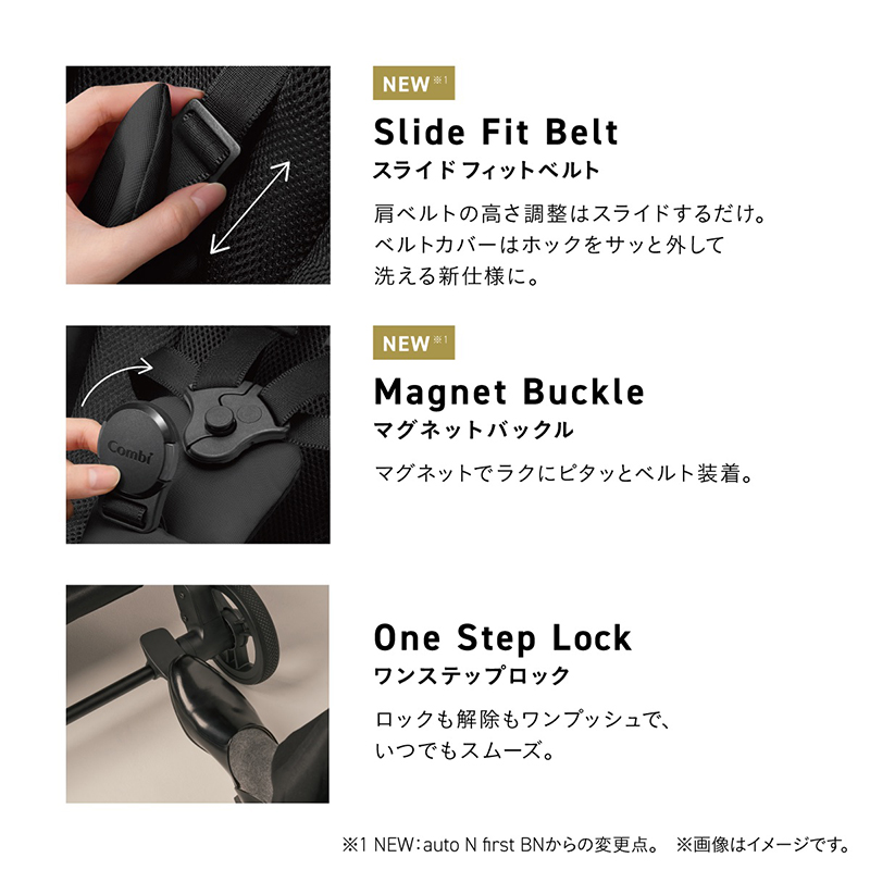 Slide Fit Belt スライドフィットベルト肩ベルトの高さ調整はスライドするだけ。ベルトカバーはホックをサッと外して洗える新仕様に。 Magnet Buckle マグネットバックル マグネットでラクにピタッとベルト装着。 One Step Lock ワンステップロック ロックも解除もワンプッシュで、いつでもスムーズ。