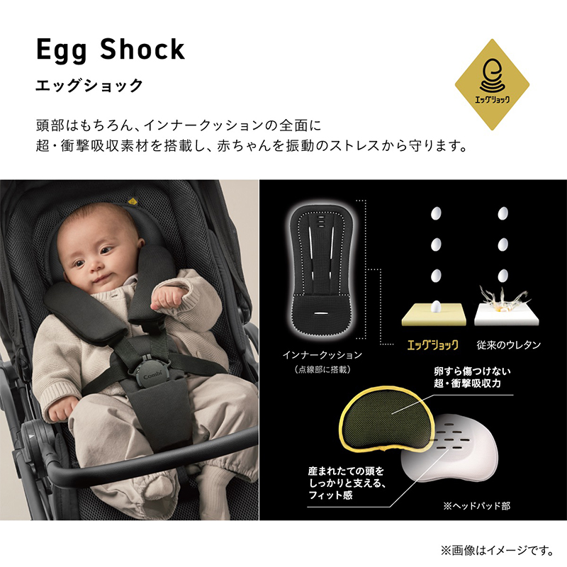 Egg Shock エッグショック 頭部はもちろん、インナークッションの全面に超・衝撃吸収素材を搭載し、赤ちゃんを振動のストレスから守ります。