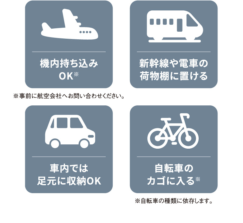 機内持ち込みOK※事前に航空会社へお問い合わせください。新幹線や電車の荷物棚に置ける。車内では足元に収納OK。自転車のカゴに入る。※自転車の種類に依存します。