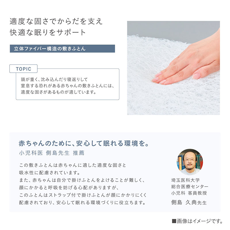 【立体ファイバー構造の敷きふとん】適度な固さでからだを支え快適な眠りをサポート。敷きふとんの内側にある適度な固さの立体ファイバーと、それを上から触る手のイメージ。頭が重く、沈み込んだり寝返りして窒息する恐れがある赤ちゃんの敷きふとんには、適度な固さがあるものが適しています。【赤ちゃんのために、安心して眠れる環境を。】「この敷きふとんは赤ちゃんに適した適度な固さと吸水性に配慮されています。また、赤ちゃんは自分で掛けふとんをよけることが難しく、顔にかかると呼吸を妨げる心配がありますが、このふとんはストラップ付で掛けふとんが顔にかかりにくく配慮されており、安心して眠れる環境づくりに役立ちます。」埼玉医科大学 総合医療センター 小児科 客員教授 側島 久典先生 推薦。
