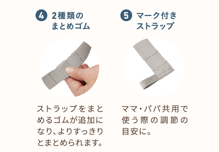 4、2種類のまとめゴム ストラップをまとめるゴムが追加になり、よりすっきりとまとめられます。 5、マーク付きストラップ ママ・パパ共用で使う際の調節の目安に。
