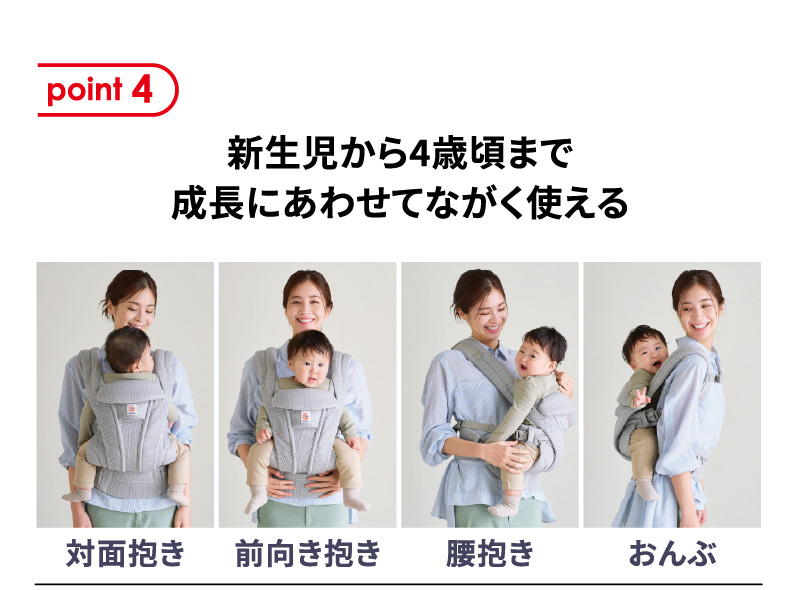 point4 新生児から4歳頃まで成長にあわせてながく使える 対面抱き・前向き抱き・腰抱き・おんぶ
