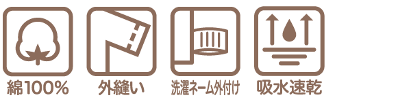 やわらかメッシュロンパースの機能アイコン 綿100％ 外縫い 洗濯ネーム外付け 吸水速乾