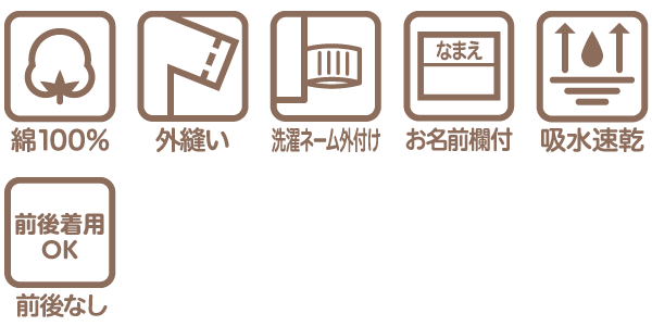 ベビー・キッズ肌着 前後着られるメッシュの機能説明アイコン 綿100％ 外縫い 洗濯ネーム外付け お名前欄付き 吸水速乾 前後着用OK
