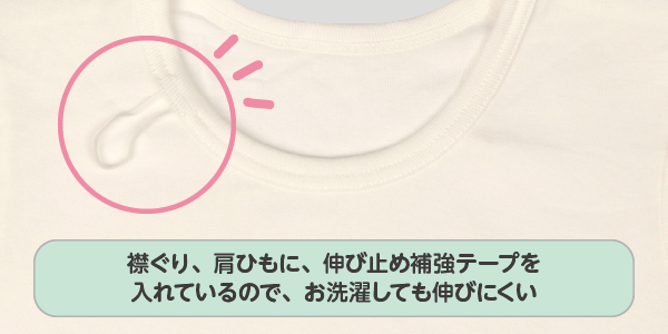 ベビー・キッズ肌着 おしゃれインナー　襟ぐり、袖ぐり、足口に、伸び止め補強テープを入れているのでお洗濯後に伸びにくい