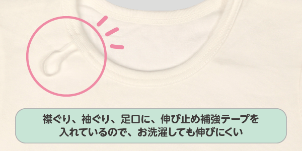 おしゃれインナーロンパース 襟ぐり、袖ぐり、足口に、伸び止め補強テープを入れているのでお洗濯後に伸びにくい