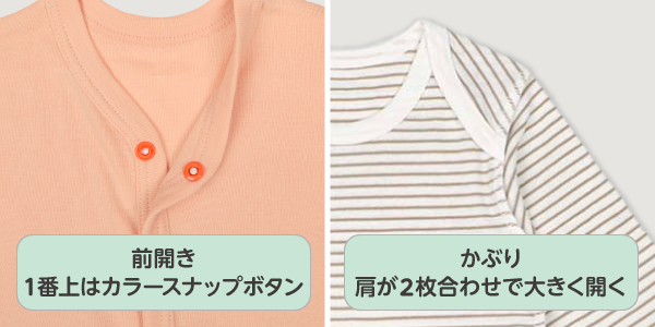 まいにちコットンロンパース　前開きの1番上はカラースナップボタン。かぶりは肩が2枚合わせで大きく開く。