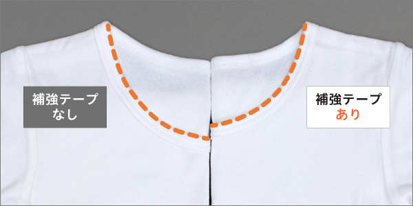 まいにちコットンロンパース　補強テープなし と 補強テープあり との洗濯後の首回りの比較画像。