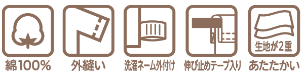 ふわふわコットンロンパースの機能アイコン 綿100% 外縫い 洗濯ネーム外付け 伸び止めテープ入り 生地が2重であたたかい