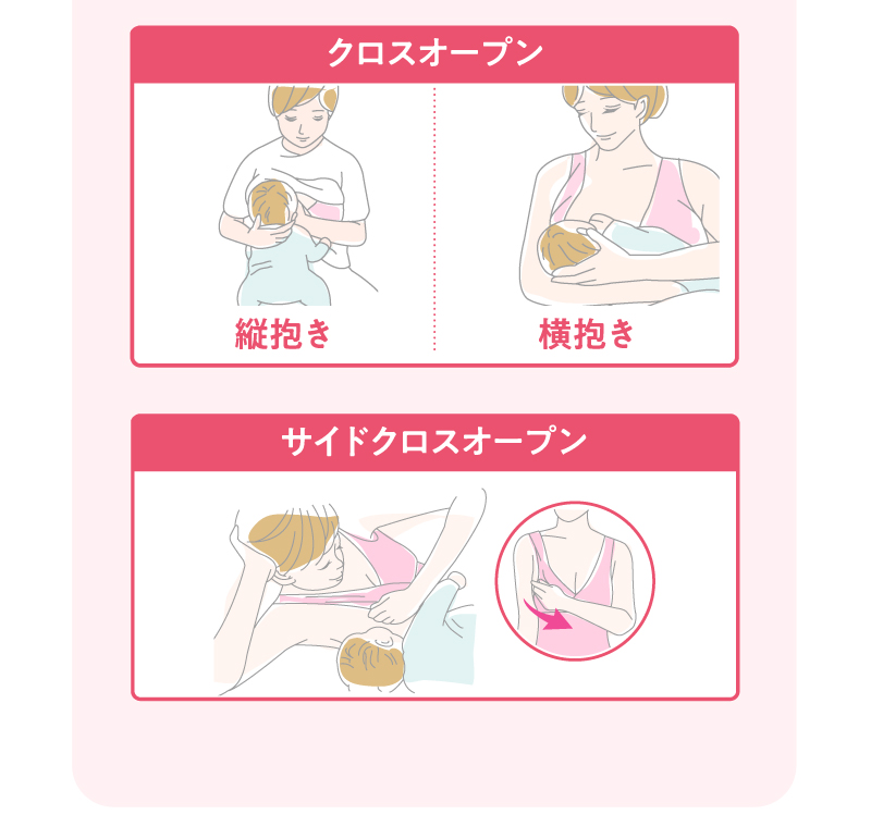 クロスオープンタイプは縦抱き・横抱きに。　サイドクロスオープンは寝ながら授乳するに便利です。
