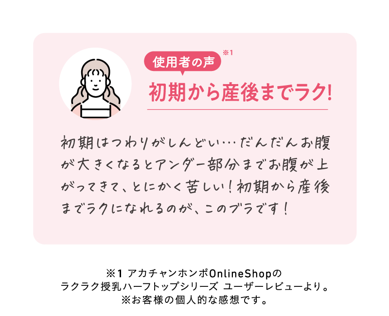 使用者の声※1　初期はつわりがしんどい…だんだんお腹が大きくなるとアンダー部分までお腹が上がってきて、とにかく苦しい！初期から産後までラクになれるのが、このブラです！
