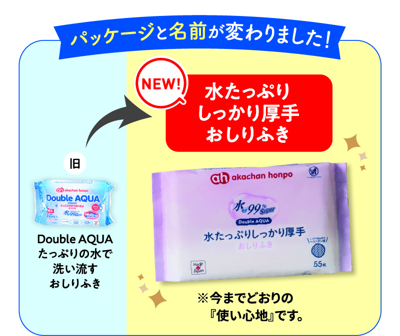 「Double AQUAたっぷりの水で洗い流すおしりふき」 から 「水たっぷりしっかり厚手おしりふき」 に パッケージと名前が変わりました！