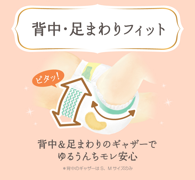 花王 メリーズ ファーストプレミアム 背中・足回りフィット セナカ＆足まわりのギャザーでゆるうんちモレ安心