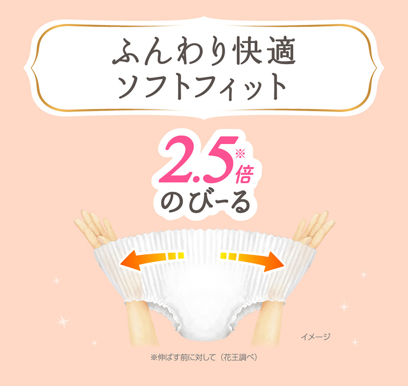 花王 メリーズ ファーストプレミアム ふんわり快適ソフトフィット 2.5倍のびーる(※伸ばす前に対して「花王調べ」)