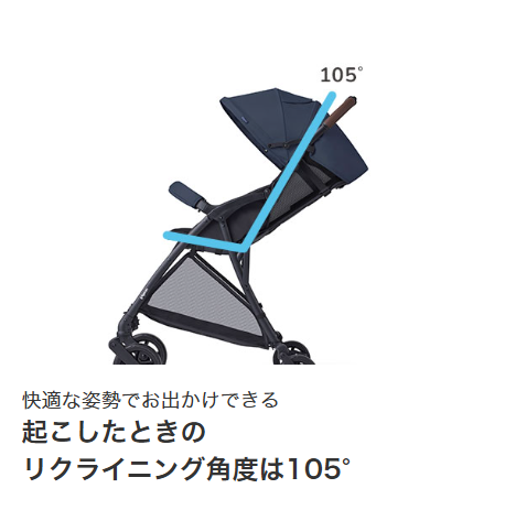 快適な姿勢でお出かけできる 起こしたときのリクライニング角度は105°