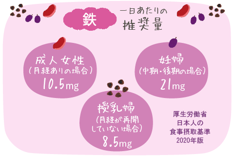 鉄 一日当あたりの推奨量 成人女性（月経ありの場合）10.5mg、妊婦（中期・後期の場合）21mg、授乳婦（月経が再開していない場合）8.5mg 厚生労働省 日本人の食事摂取基準2020年版