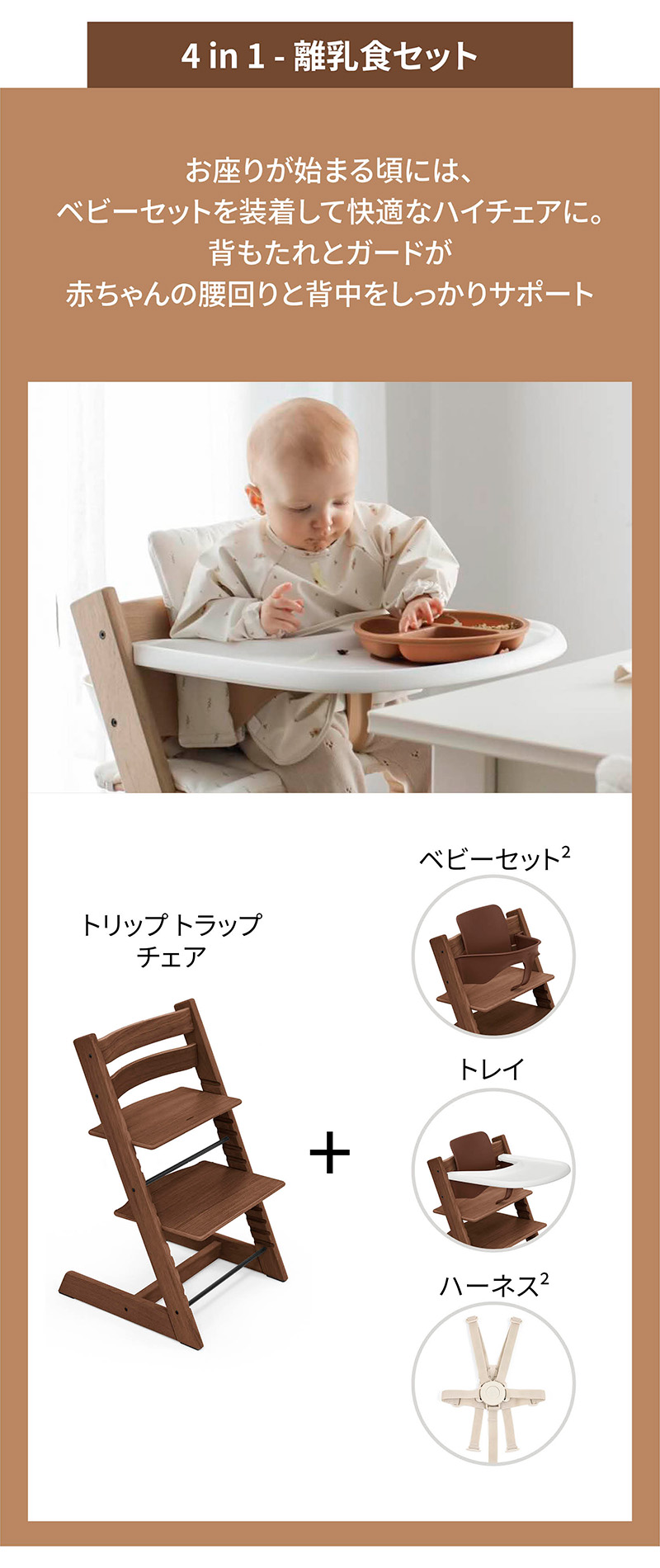 「4 in 1 - 離乳食セット」お座りが始まる頃には、ベビーセットを装着して快適なハイチェアに。背もたれとガードが赤ちゃんの腰回りと背中をしっかりサポート