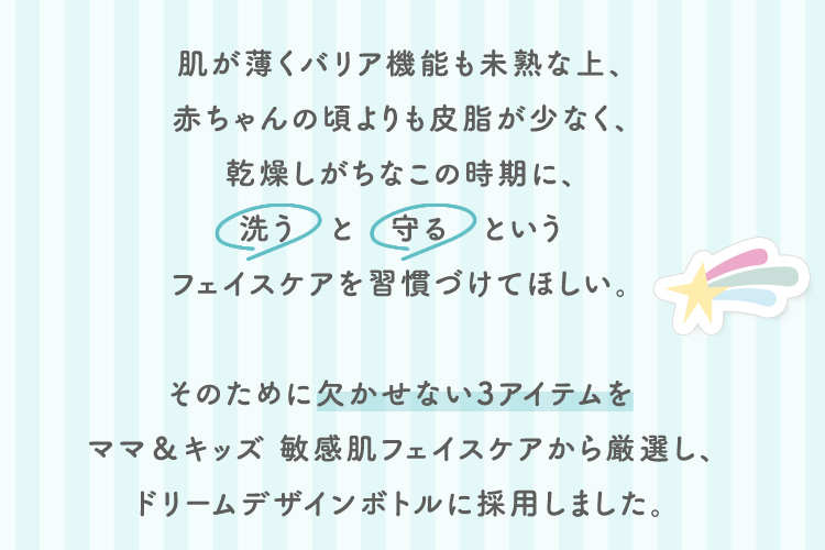 肌が薄くバリア機能も未熟な上、赤ちゃんの頃よりも皮脂が少なく、乾燥しがちなこの時期に、「洗う」と「守る」というフェイスケアを習慣づけてほしい。　そのために欠かせない3アイテムをママ＆キッズ　敏感肌フェイスケアから厳選し、ドリームデザインボトルに採用しました。