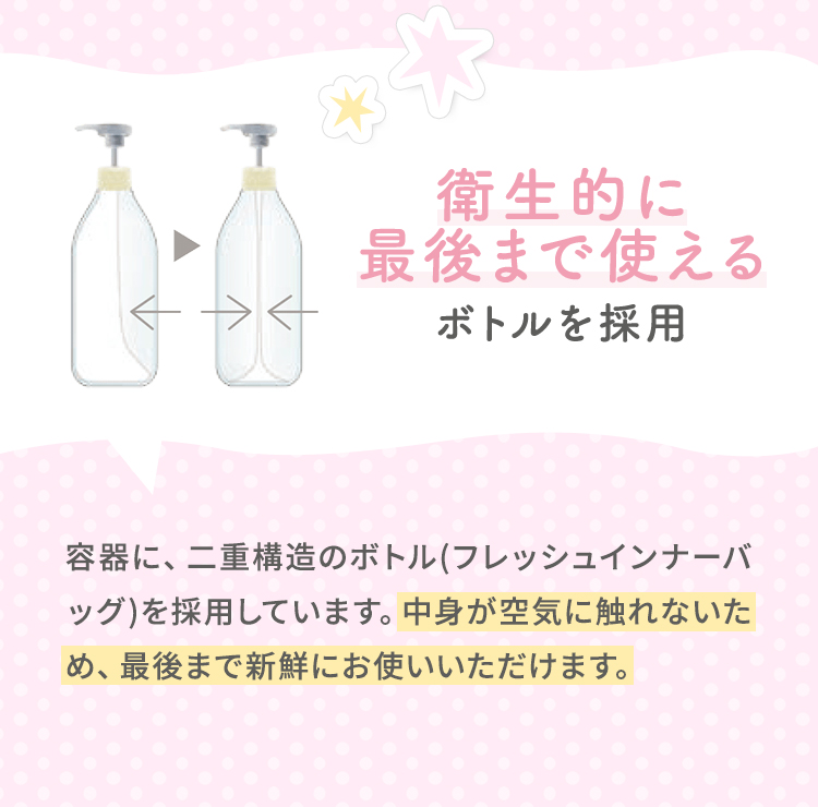 衛生的に最後まで使えるボトルを採用 容器に、二重構造のボトル(フレッシュインナーバッグ)を採用しています。中身が空気に触れないため、最後まで新鮮にお使いいただけます。