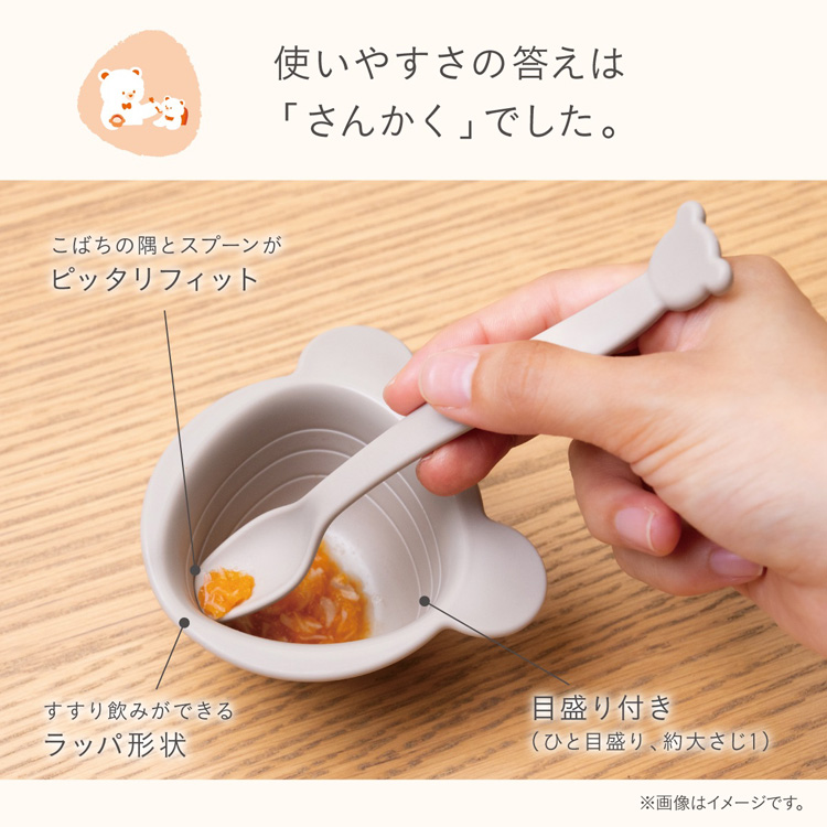 使いやすさの答えは「さんかく」でした。　こばちの隅とスプーンがぴったりフィット。　すすり飲みができるラッパ形状。　目盛り付き。（ひと目盛り、約大さじ1）